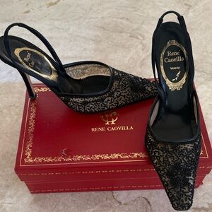 Rene Caovilla Black and Gold Embellished Heels